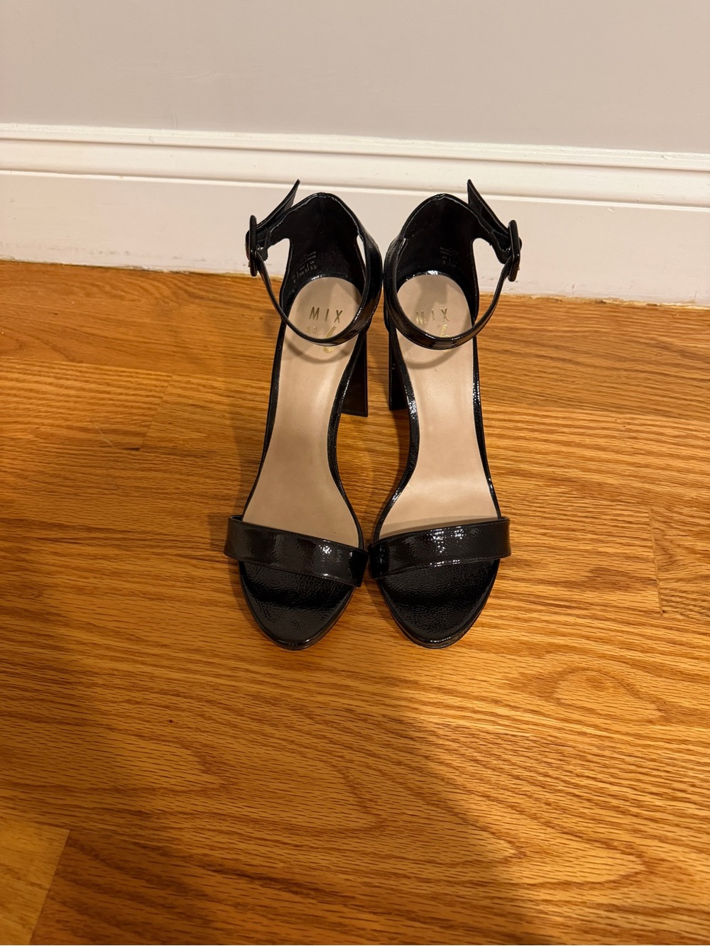 Mix No. 6 Black Patent Ankle-Strap Block Heels